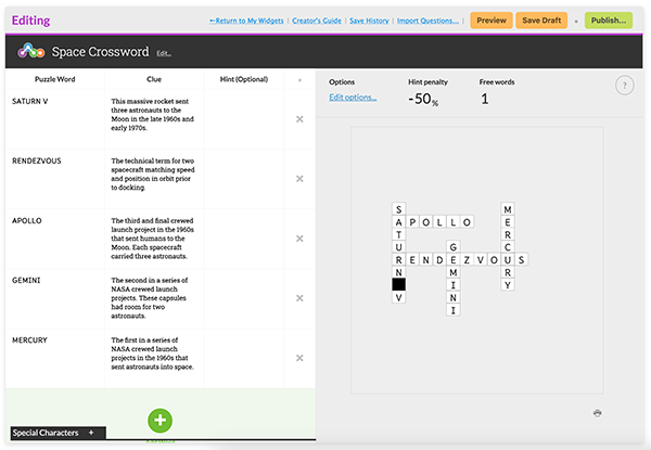 screen shot of creating a crossword widget